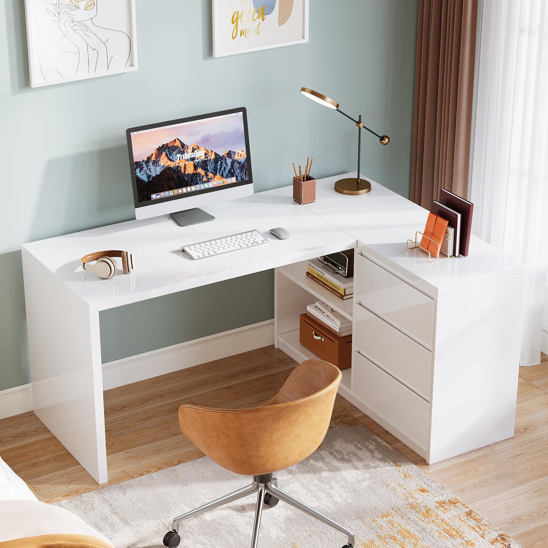 Tribesigns White L-Shaped Computer Desk with 3 Drawers, 55-Inch Modern Gloss Corner Home Office Executive Desk with LED Lights and 2 Storage Shelves for Work Study Writing - Image 7