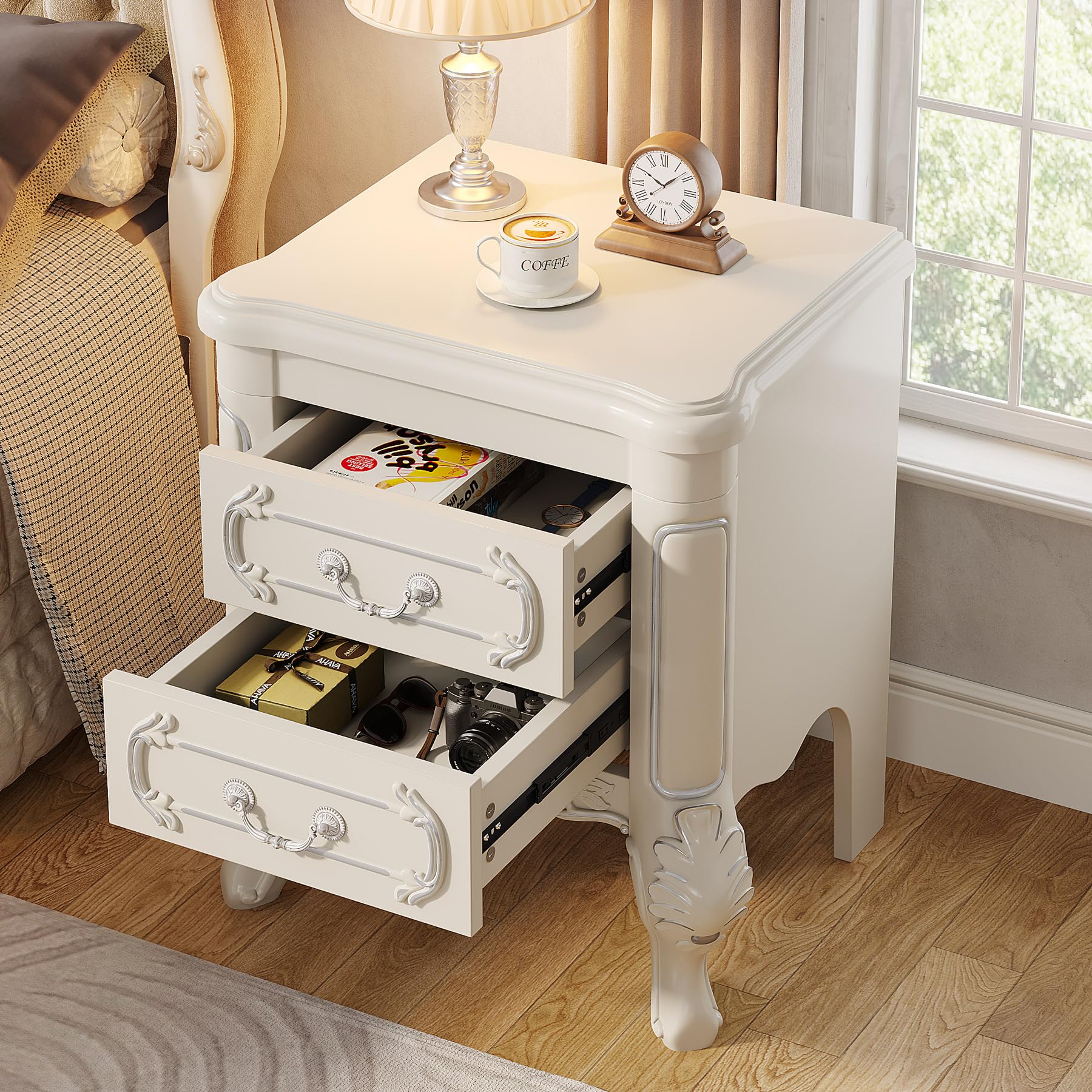 Tribesigns White Nightstand, End Table with 2 Drawers, Carved Bedside Tables, Side Table for Bedroom, Classic Bedroom Furniture, Night Stand White - Image 5