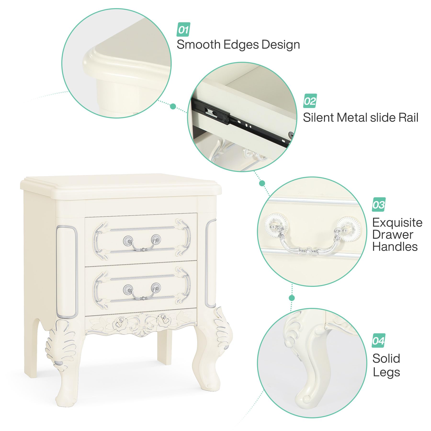 Tribesigns White Nightstand, End Table with 2 Drawers, Carved Bedside Tables, Side Table for Bedroom, Classic Bedroom Furniture, Night Stand White - Image 6