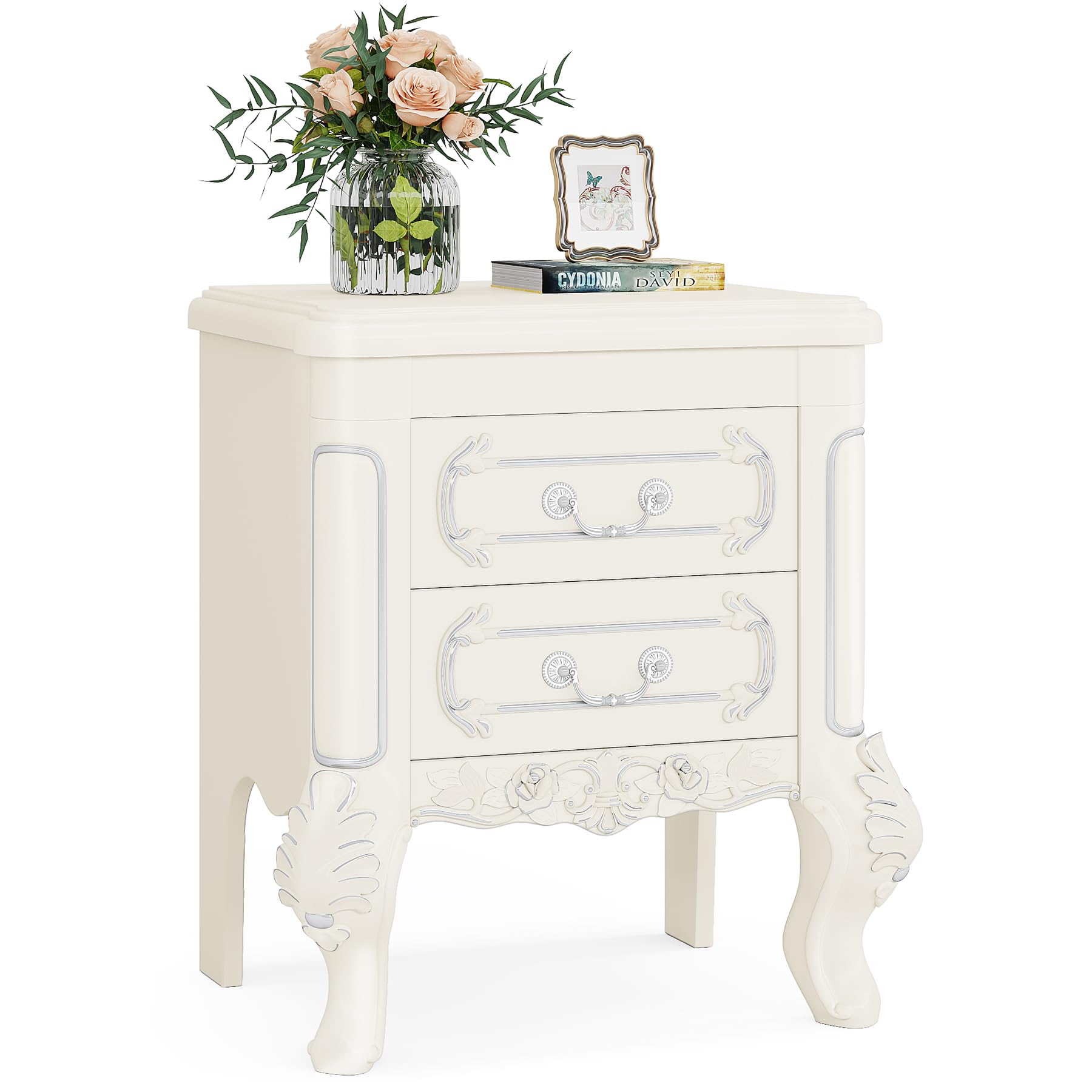 Tribesigns White Nightstand, End Table with 2 Drawers, Carved Bedside Tables, Side Table for Bedroom, Classic Bedroom Furniture, Night Stand White - Image 8