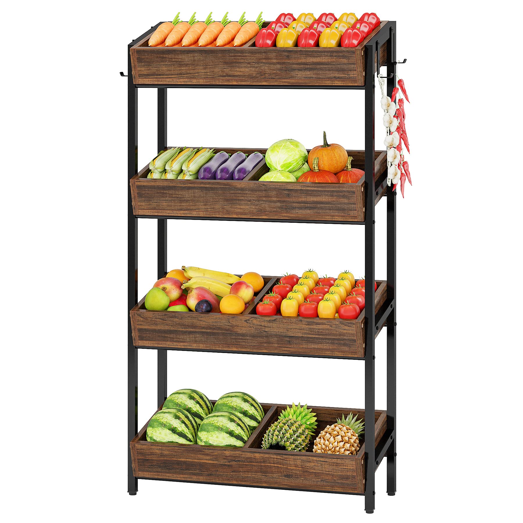 Tribesigns Wood Fruit and Vegetable Basket Stand Rack for Kitchen, Office, Store, Supremarket, Pantry Shelf Unit for Snacks, 4-Tier Wooden Utility Storage Shelves (Brown+Black) - Image 4