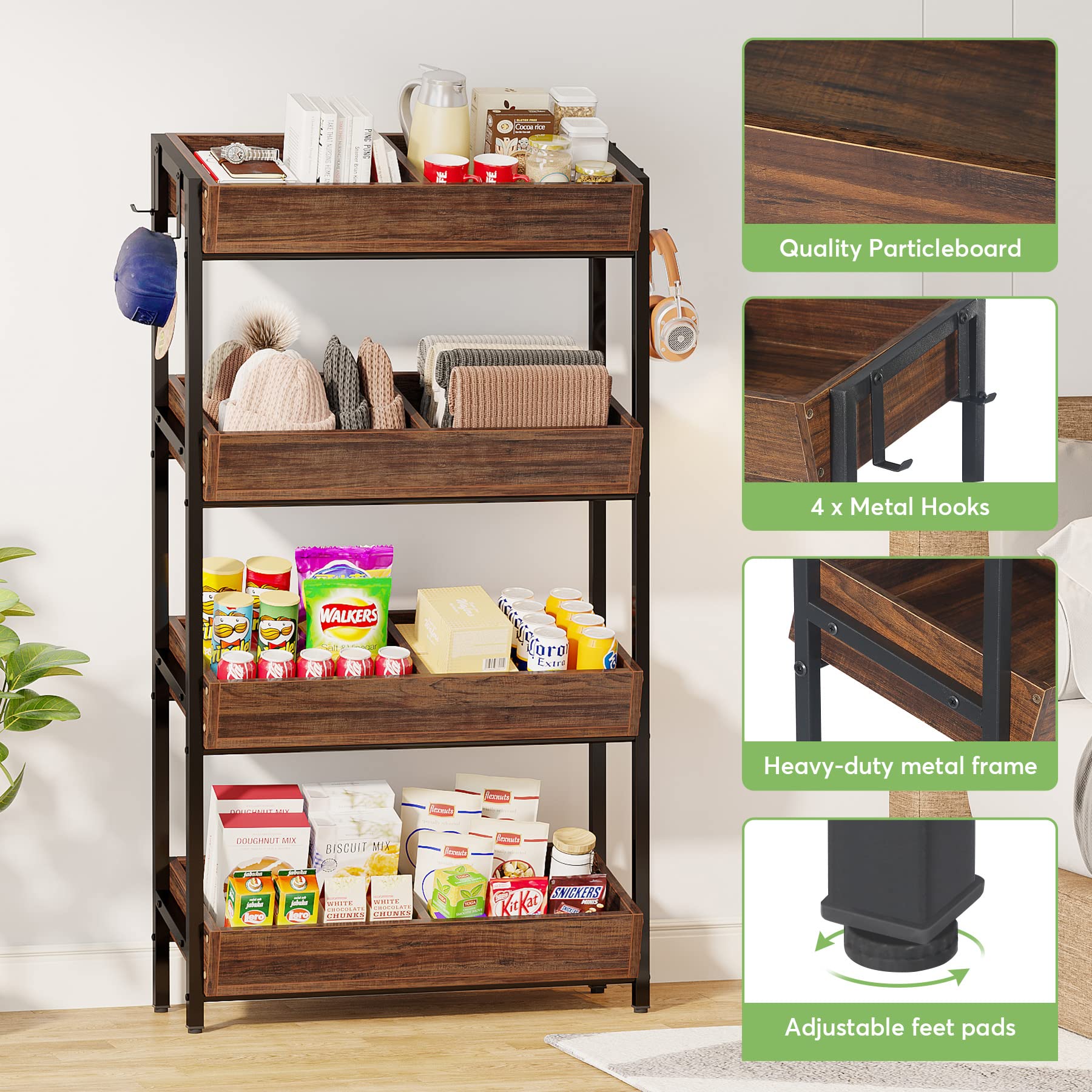 Tribesigns Wood Fruit and Vegetable Basket Stand Rack for Kitchen, Office, Store, Supremarket, Pantry Shelf Unit for Snacks, 4-Tier Wooden Utility Storage Shelves (Brown+Black) - Image 5