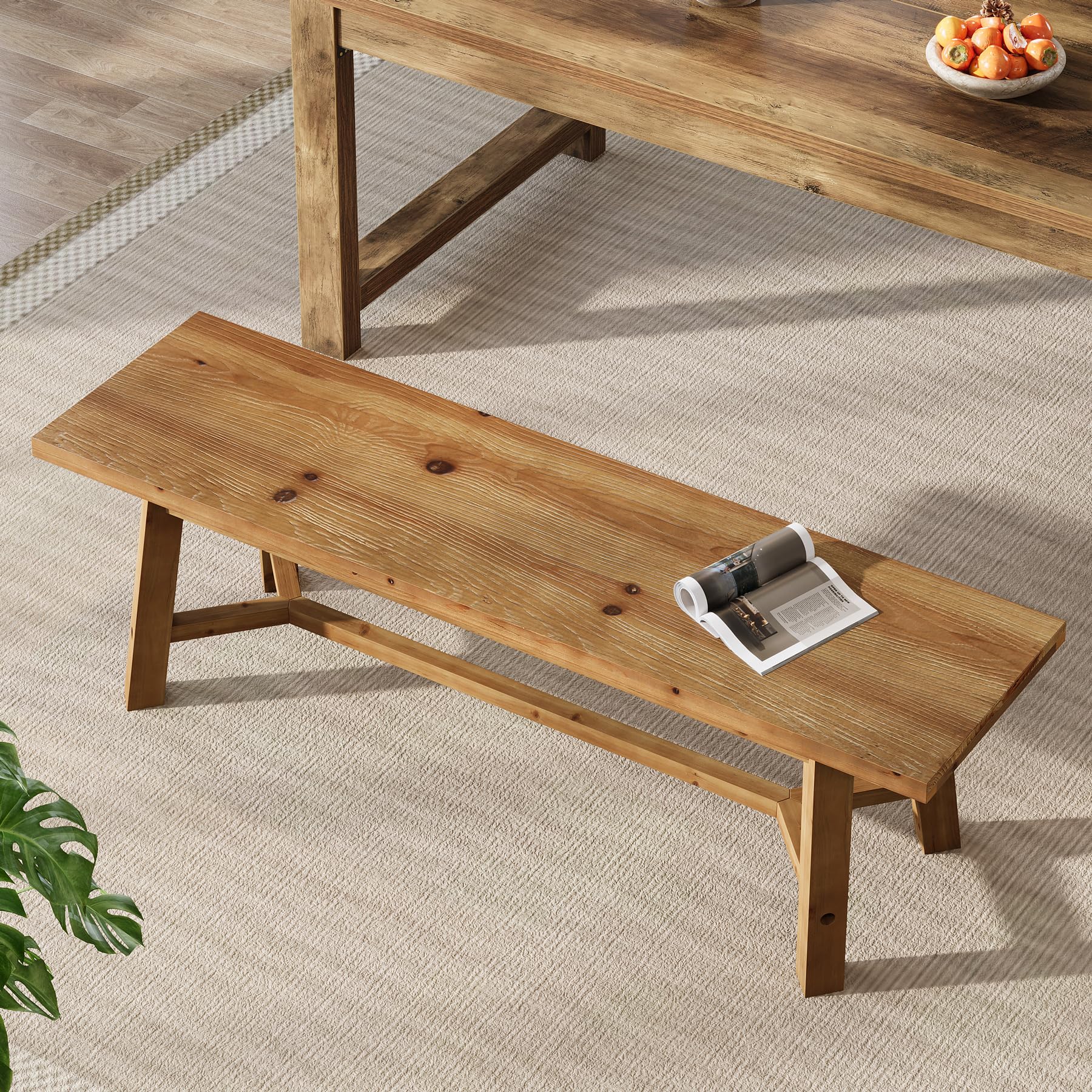 TRIBEWOOD 55" Solid Wood Bench, Farmhouse Long Bench Seat for Entryway, Dining Room, Living Room, Solid Wood, Rustic Brown - Image 3