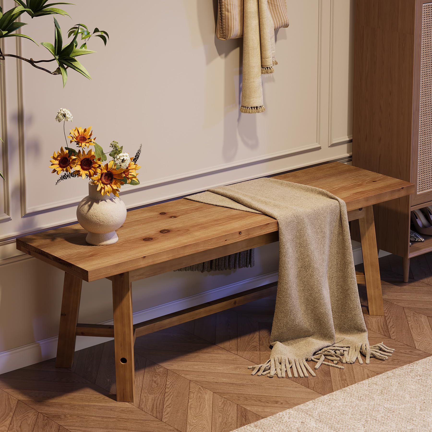 TRIBEWOOD 55" Solid Wood Bench, Farmhouse Long Bench Seat for Entryway, Dining Room, Living Room, Solid Wood, Rustic Brown - Image 5