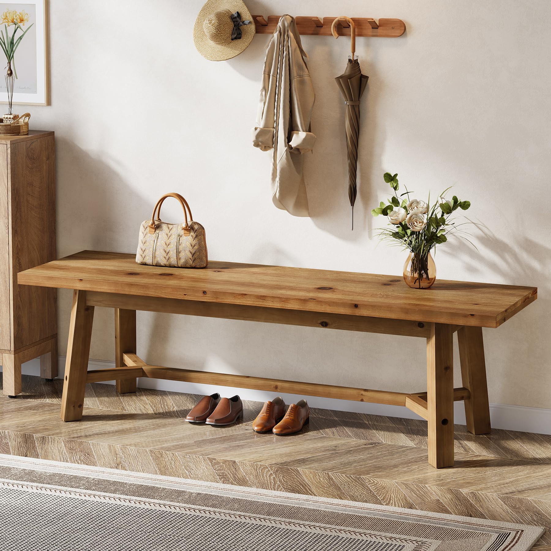 TRIBEWOOD 55" Solid Wood Bench, Farmhouse Long Bench Seat for Entryway, Dining Room, Living Room, Solid Wood, Rustic Brown - Image 8