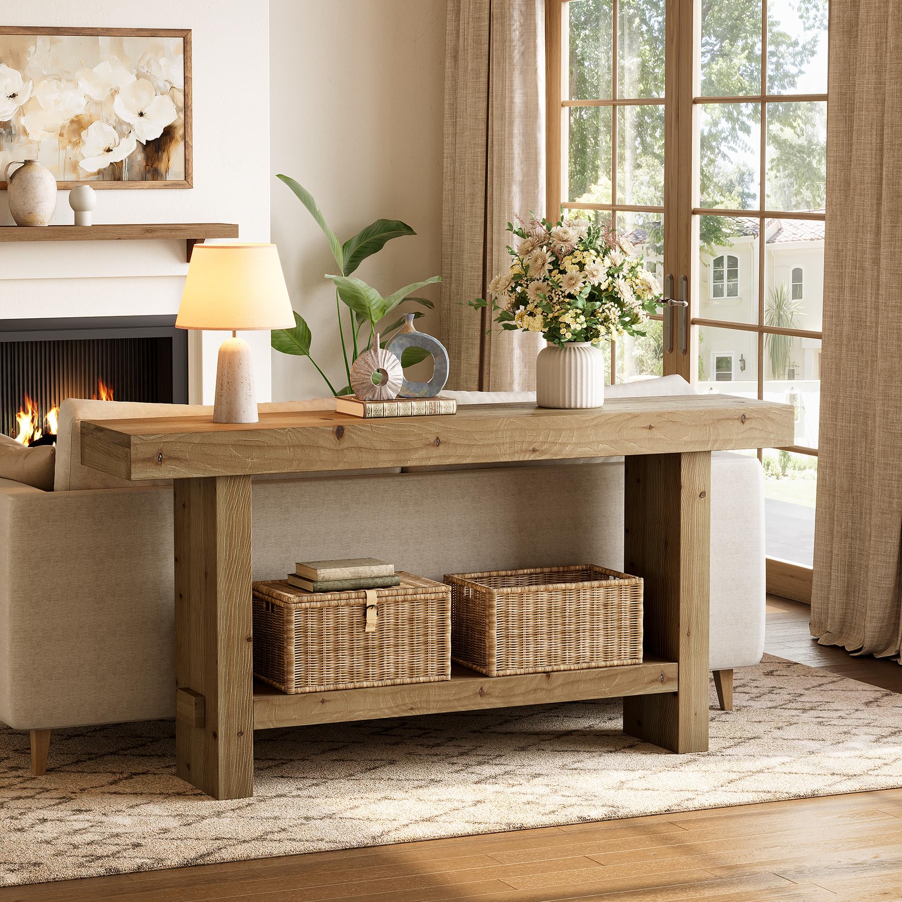 TRIBEWOOD 63-Inch Solid Wood Console Table, 2-Tier Narrow Farmhouse Entryway Table for Hallway, Entrance, Living Room, Behind The Couch,Brown - Image 3