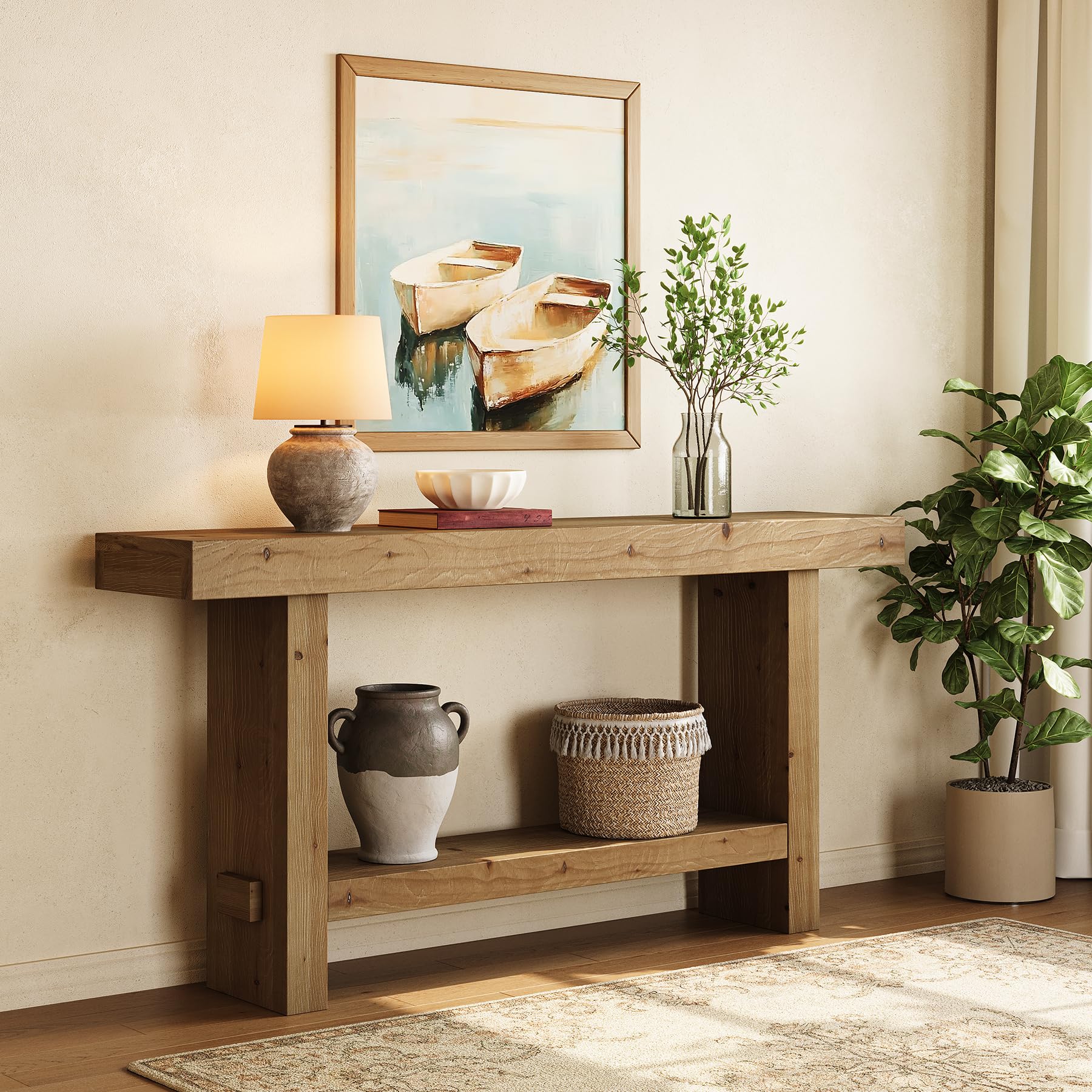 TRIBEWOOD 63-Inch Solid Wood Console Table, 2-Tier Narrow Farmhouse Entryway Table for Hallway, Entrance, Living Room, Behind The Couch,Brown - Image 6