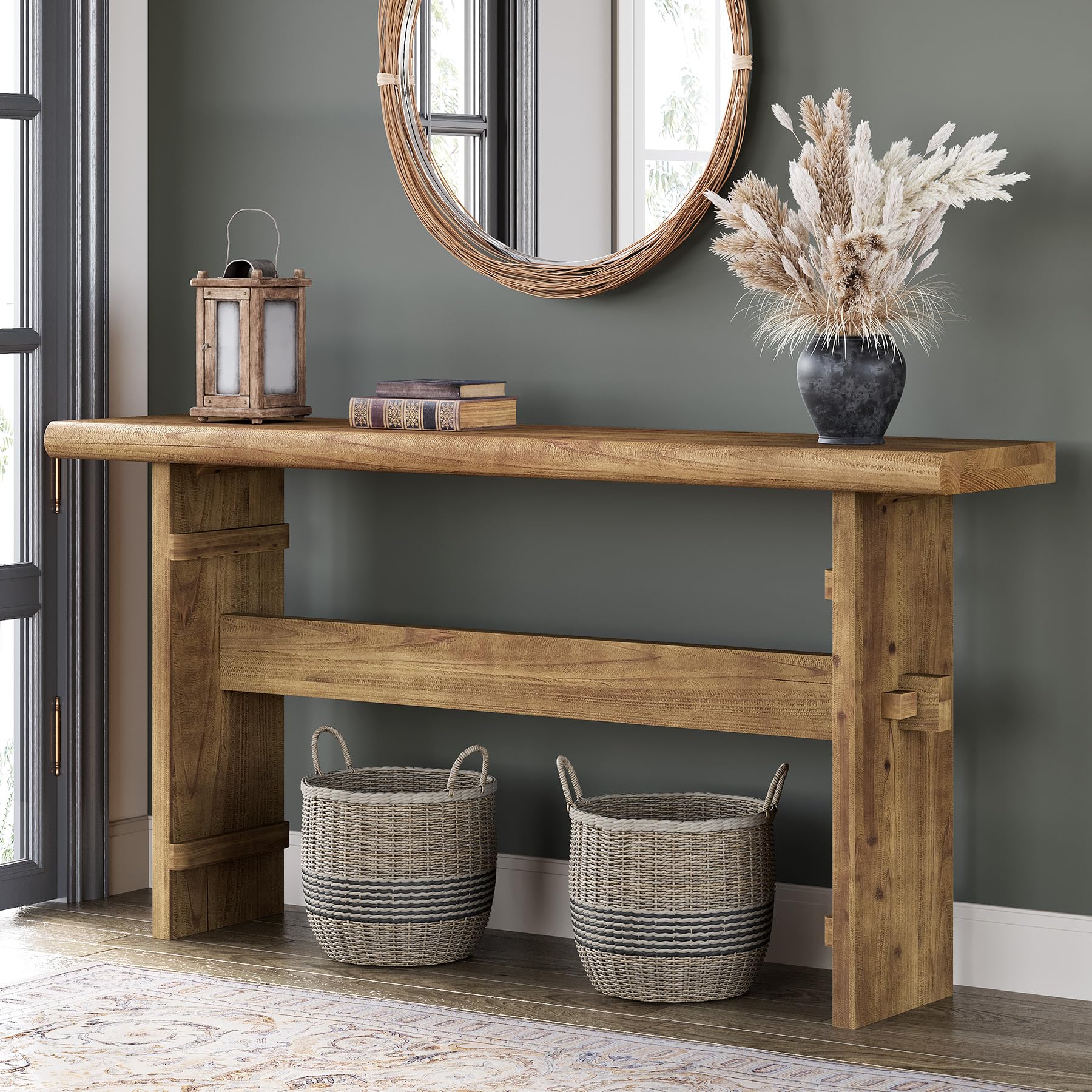 TRIBEWOOD 63-Inch Solid Wood Console Table for Entryway, Narrow Long Farmhouse Sofa Table Behind Couch, for Foyer, Hallway, Living Room, Easy Asswmbly, Brown - Image 3
