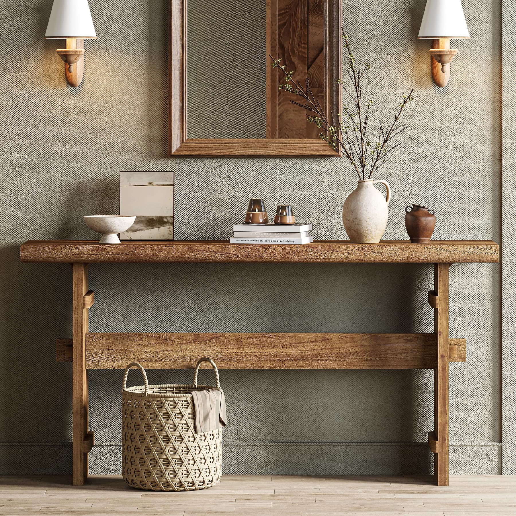 TRIBEWOOD 63-Inch Solid Wood Console Table for Entryway, Narrow Long Farmhouse Sofa Table Behind Couch, for Foyer, Hallway, Living Room, Easy Asswmbly, Brown - Image 5