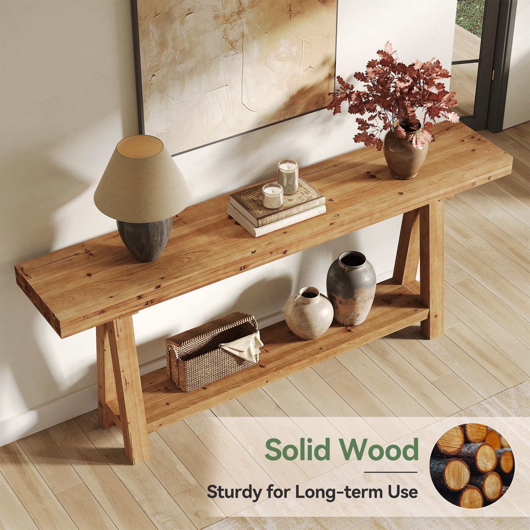 TRIBEWOOD 70.9-Inch Solid Wood Console Table for Entryway, Farmhouse Long Sofa Table with Shelves for Living Room, Hallway, Foyer, Easy Assembly - Image 5