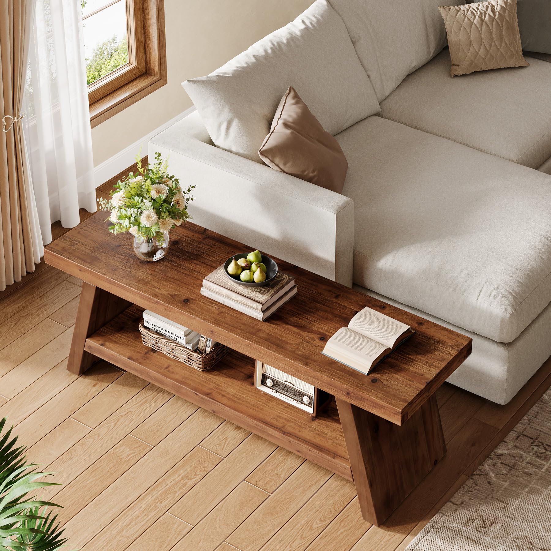 TRIBEWOOD Entryway Bench with Shoe Storage, 2-Tier Hallway Solid Wood Seating with Open Shelves, Wooden Shoe Bench Indoor for Entryway, Living Room, Bedroom (Rustic Brown) - Image 4