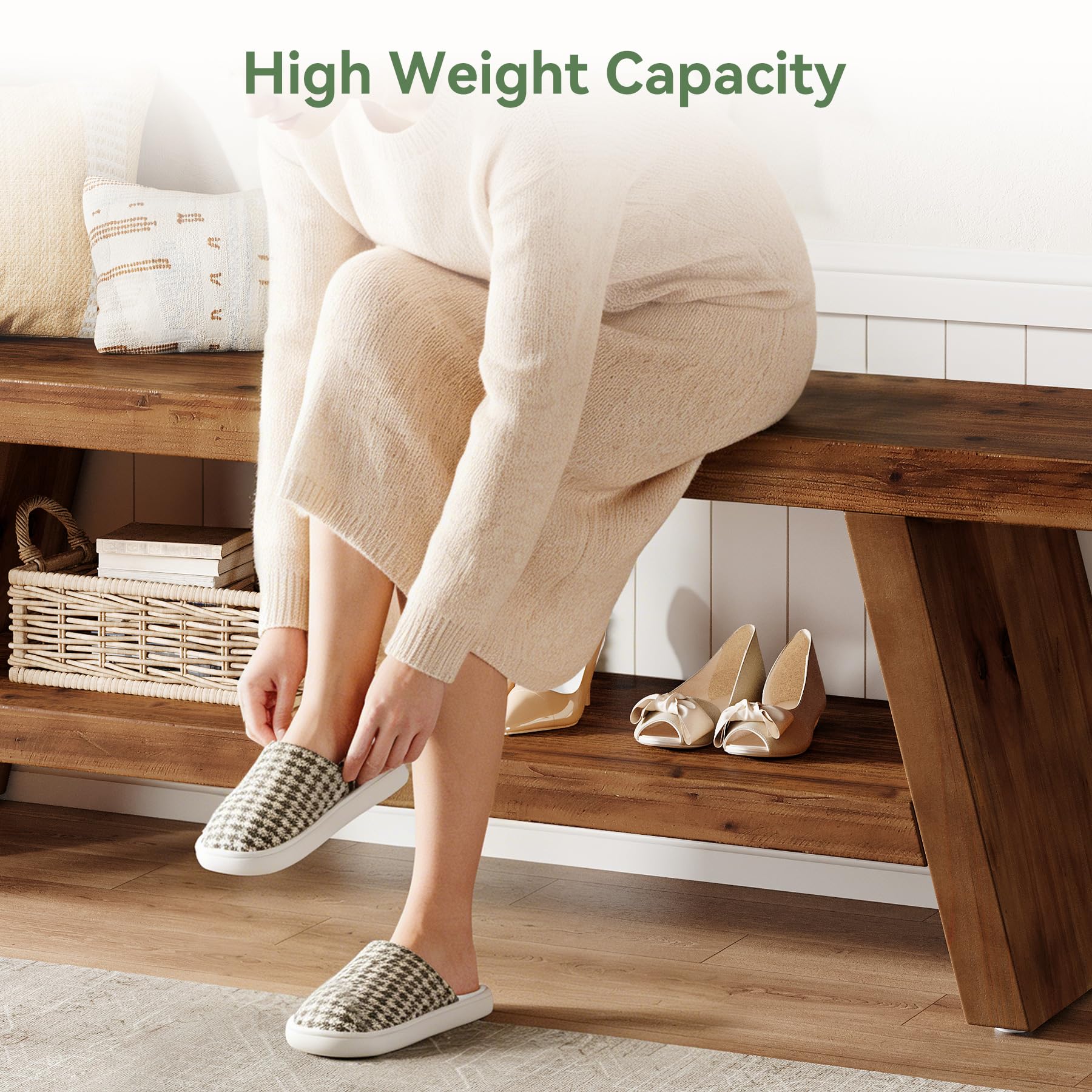 TRIBEWOOD Entryway Bench with Shoe Storage, 2-Tier Hallway Solid Wood Seating with Open Shelves, Wooden Shoe Bench Indoor for Entryway, Living Room, Bedroom (Rustic Brown) - Image 6