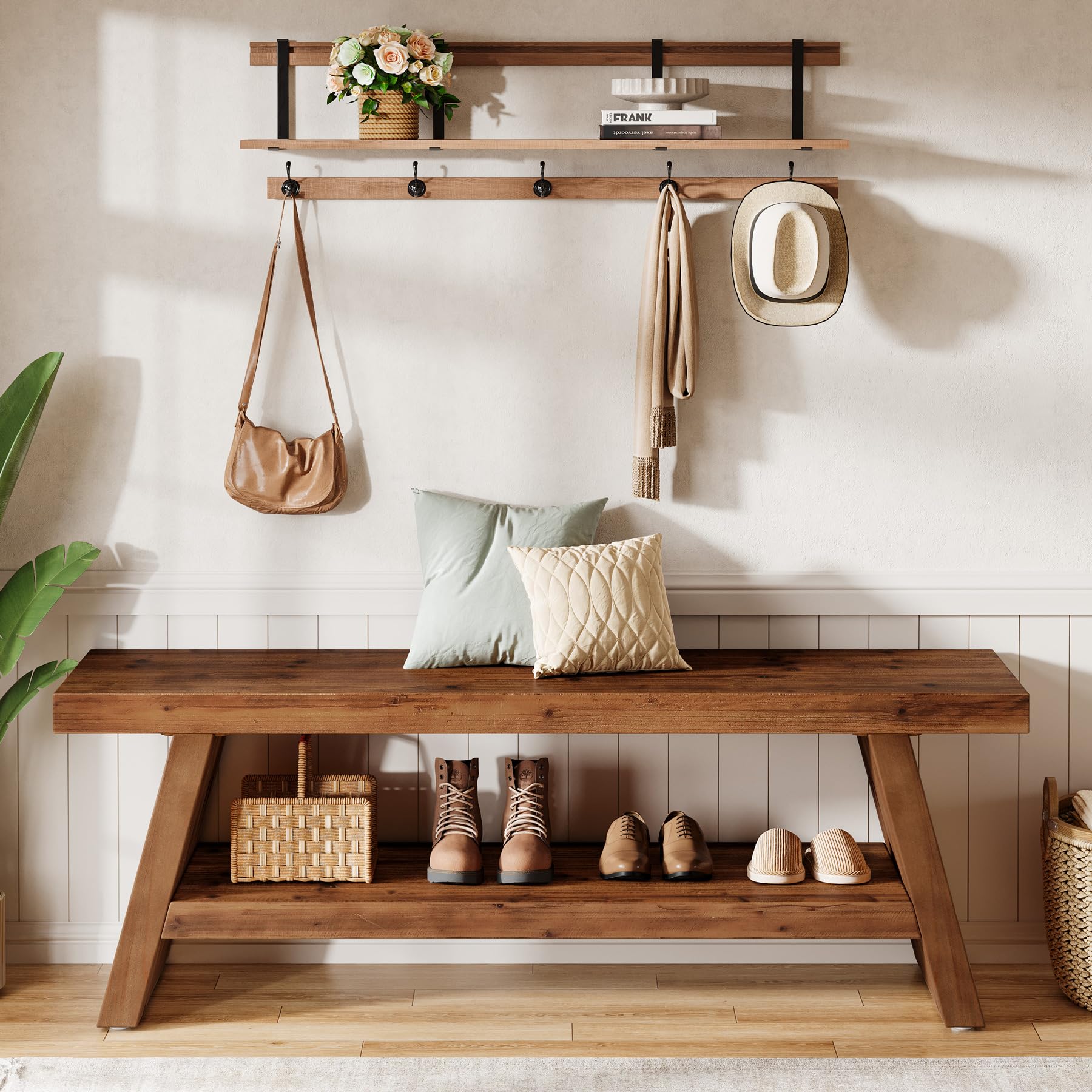 TRIBEWOOD Entryway Bench with Shoe Storage, 2-Tier Hallway Solid Wood Seating with Open Shelves, Wooden Shoe Bench Indoor for Entryway, Living Room, Bedroom (Rustic Brown) - Image 8