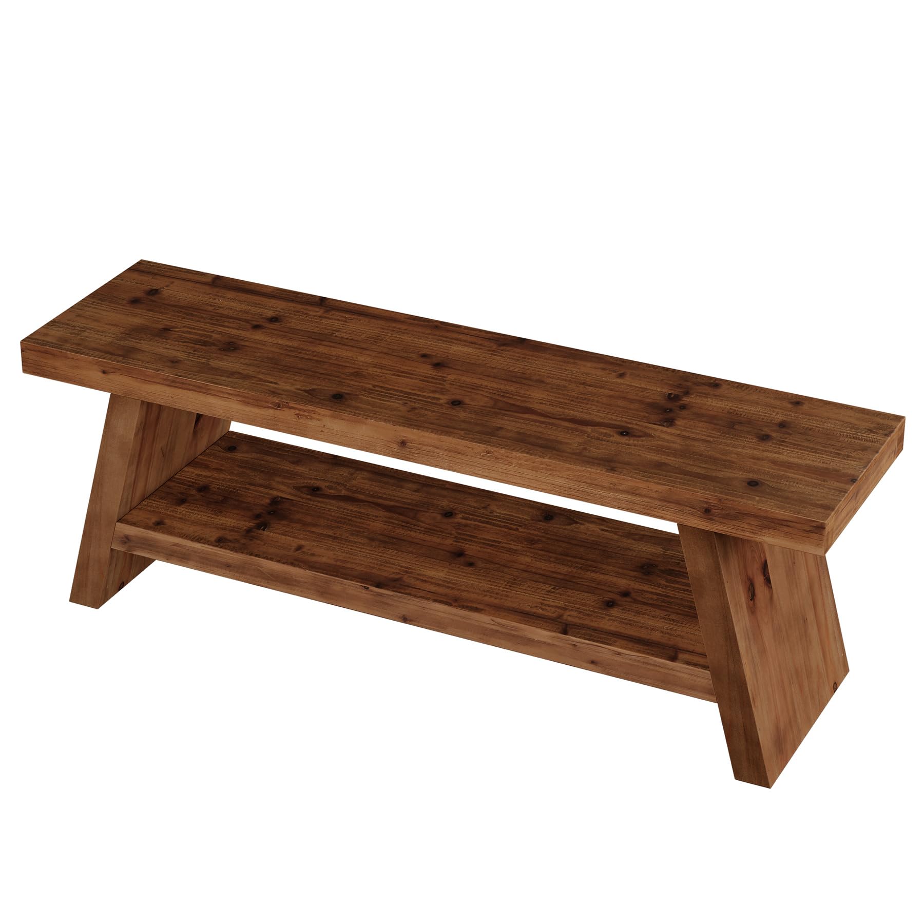 TRIBEWOOD Entryway Bench with Shoe Storage, 2-Tier Hallway Solid Wood Seating with Open Shelves, Wooden Shoe Bench Indoor for Entryway, Living Room, Bedroom (Rustic Brown) - Image 9