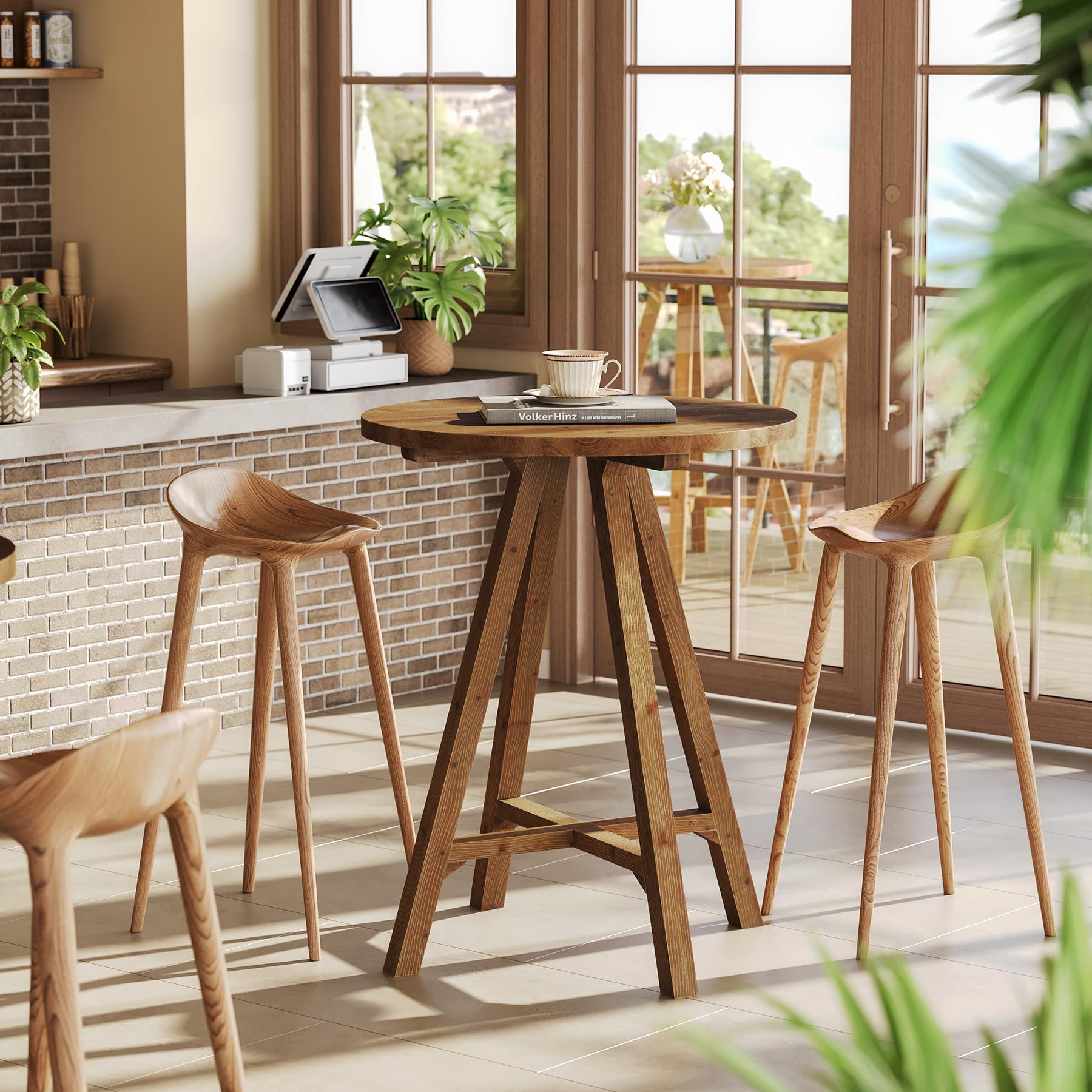 TRIBEWOOD Solid Wood Bar Table, 31.5" Round Pub Bistro Table for Cafe, Dining Room, Kitchen, Living Room, Brown - Image 3