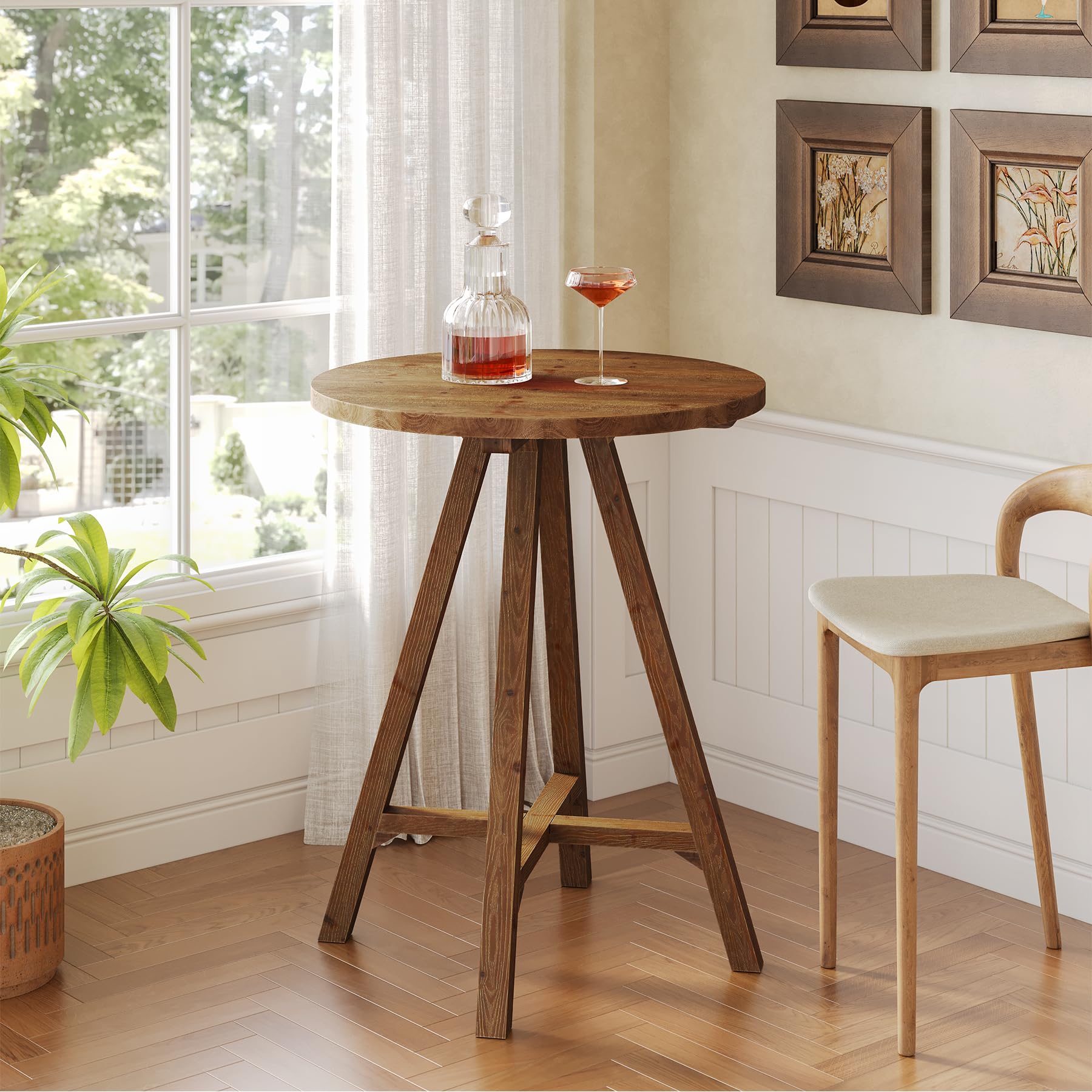 TRIBEWOOD Solid Wood Bar Table, 31.5" Round Pub Bistro Table for Cafe, Dining Room, Kitchen, Living Room, Brown - Image 5