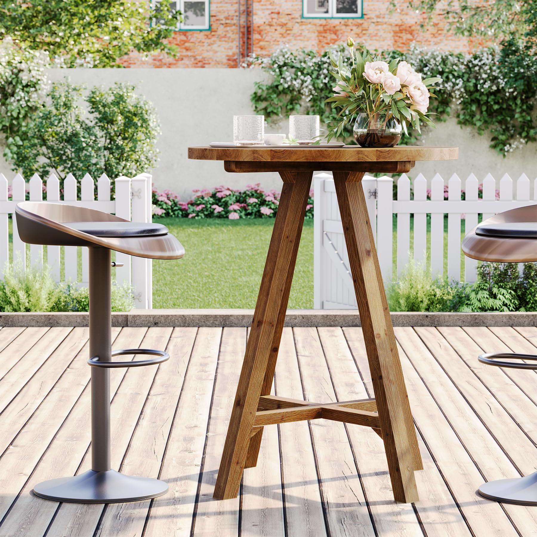 TRIBEWOOD Solid Wood Bar Table, 31.5" Round Pub Bistro Table for Cafe, Dining Room, Kitchen, Living Room, Brown - Image 6