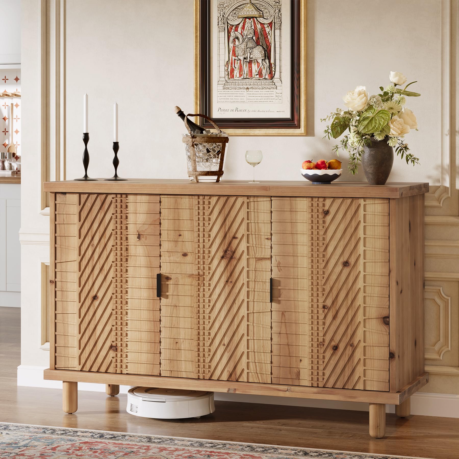 TRIBEWOOD Solid Wood Buffet Cabinet with Storage, Farmhouse Sideboard Cabinet with 3 Doors and 2 Adjustable Shelves, Mid Century Modern Sideboard Storage for Kitchen and Entryway (Natural) - Image 5