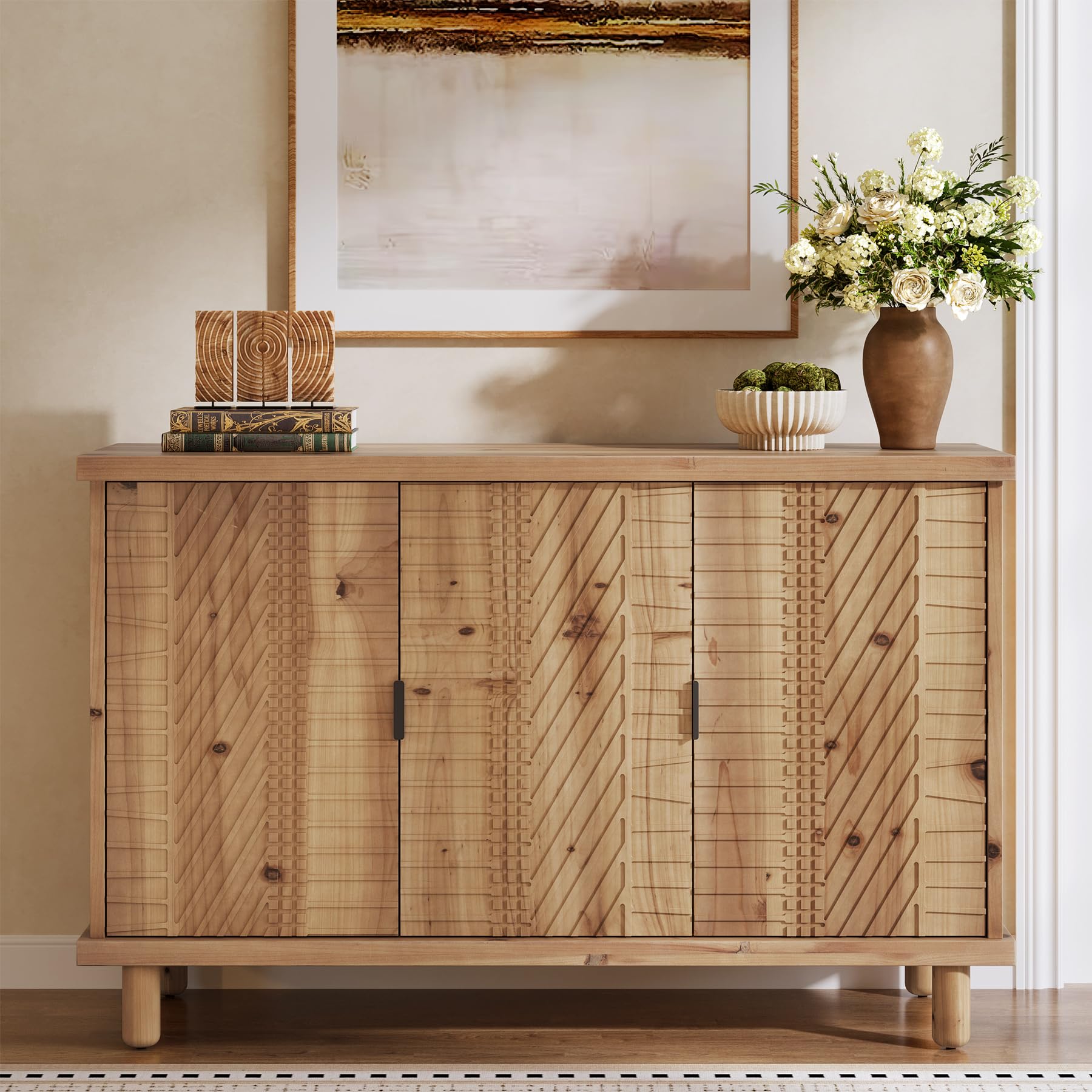 TRIBEWOOD Solid Wood Buffet Cabinet with Storage, Farmhouse Sideboard Cabinet with 3 Doors and 2 Adjustable Shelves, Mid Century Modern Sideboard Storage for Kitchen and Entryway (Natural) - Image 6