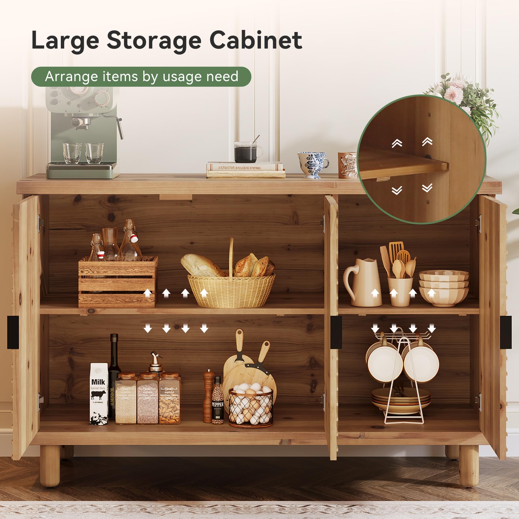 TRIBEWOOD Solid Wood Buffet Cabinet with Storage, Farmhouse Sideboard Cabinet with 3 Doors and 2 Adjustable Shelves, Mid Century Modern Sideboard Storage for Kitchen and Entryway (Natural) - Image 7