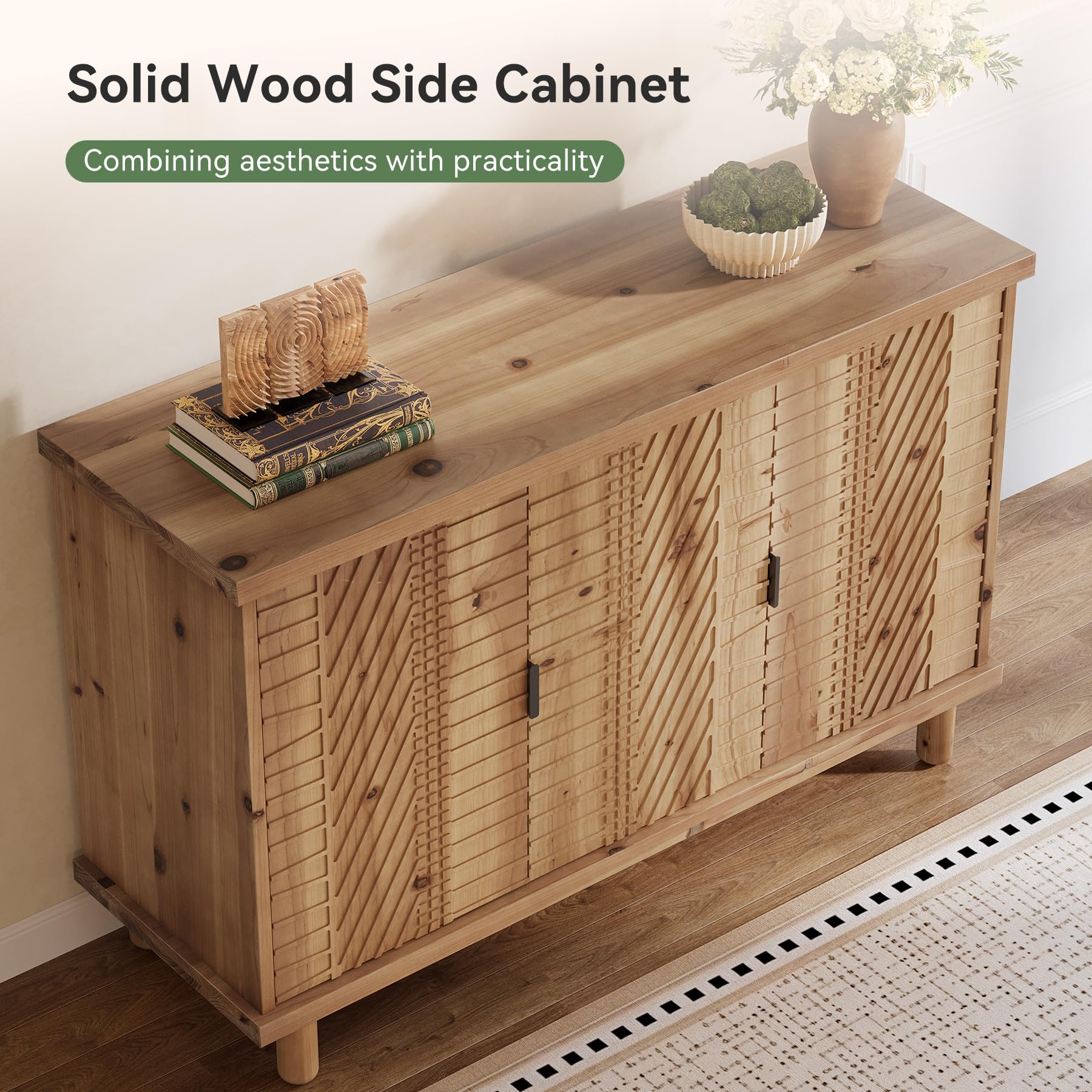 TRIBEWOOD Solid Wood Buffet Cabinet with Storage, Farmhouse Sideboard Cabinet with 3 Doors and 2 Adjustable Shelves, Mid Century Modern Sideboard Storage for Kitchen and Entryway (Natural) - Image 8