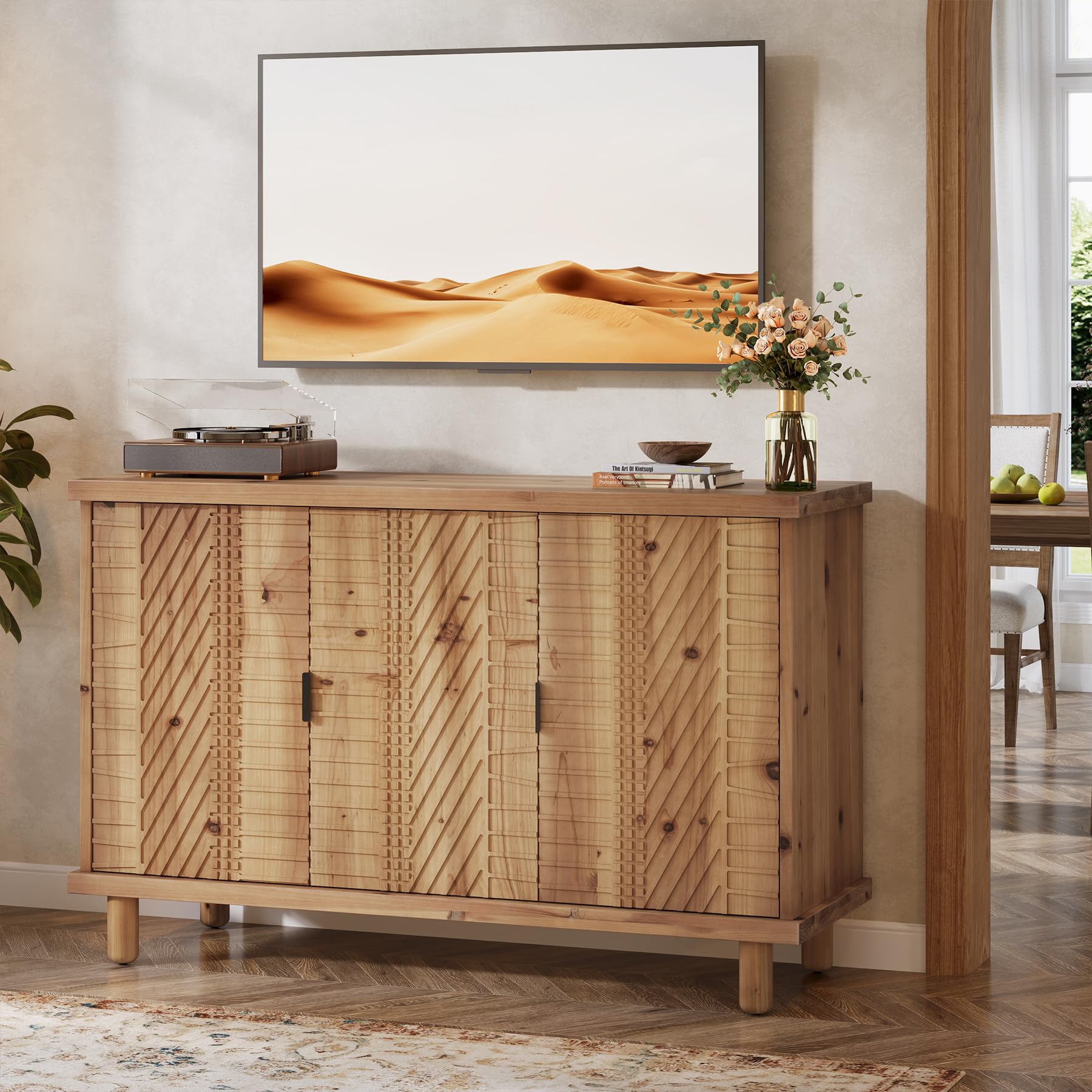 TRIBEWOOD Solid Wood Buffet Cabinet with Storage, Farmhouse Sideboard Cabinet with 3 Doors and 2 Adjustable Shelves, Mid Century Modern Sideboard Storage for Kitchen and Entryway (Natural) - Image 9
