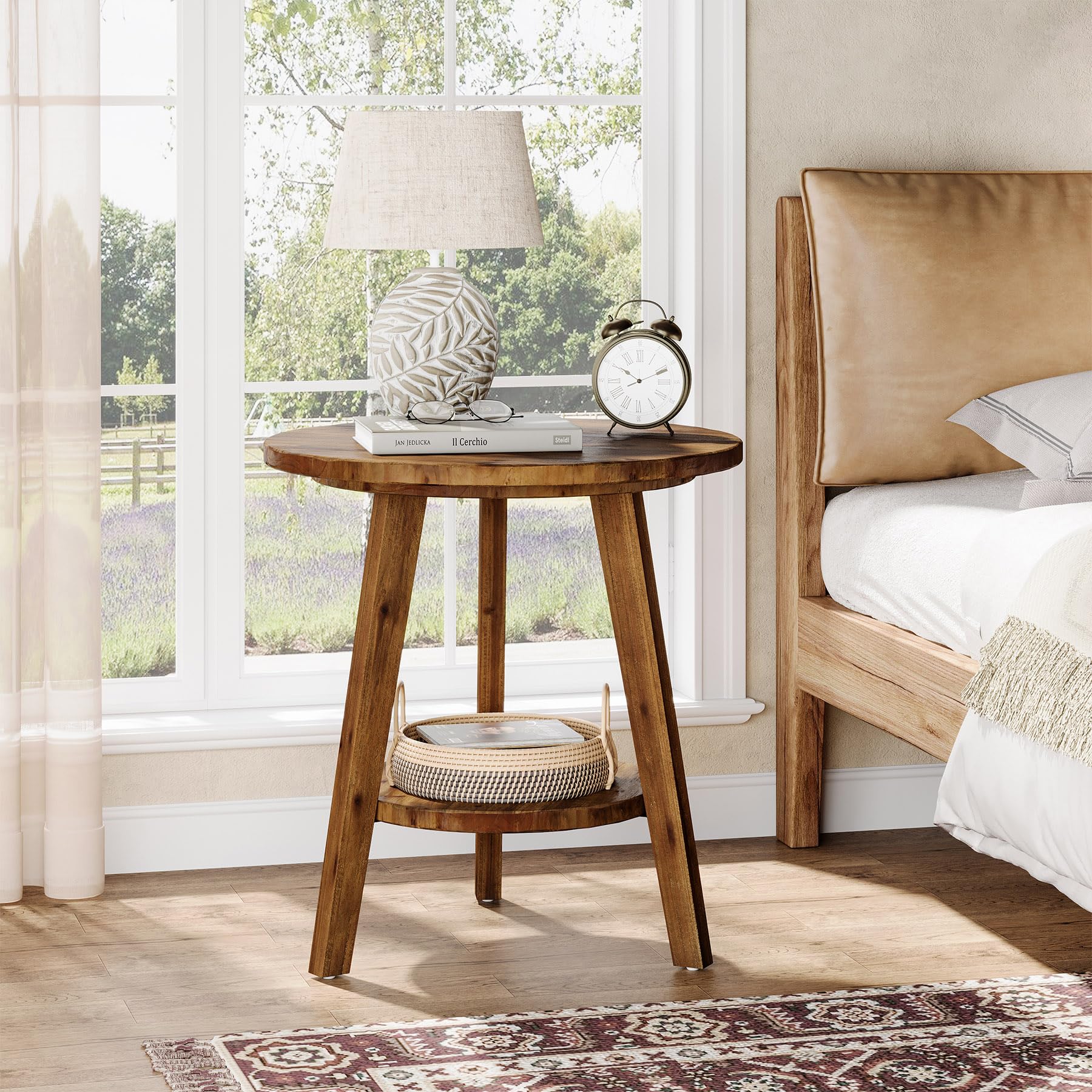 TRIBEWOOD Solid Wood Round End Table, Sofa Side Table with Storage Shelf, Farmhouse Nightstand for Living Room, Bedroom, Easy Assembly (1) - Image 3