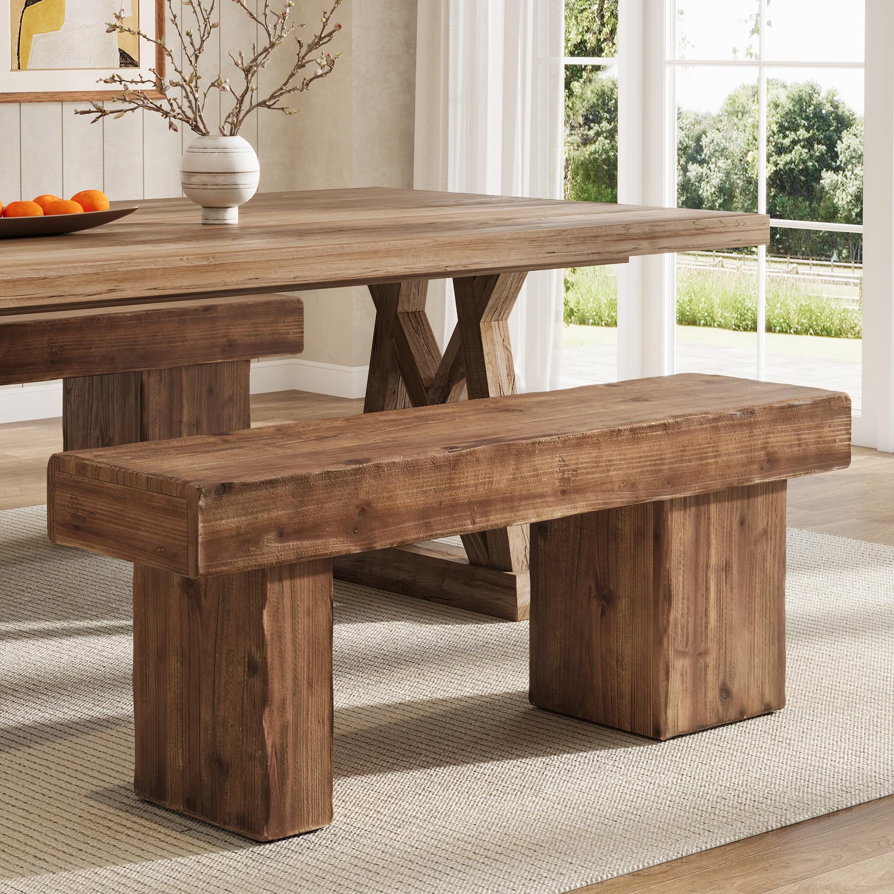 TRIBEWOOD Thickened Solid Wood Bench, 47" Rustic Farmhouse Entryway Bench with Artistic Legs, Heavy Duty Dining Bench for Kitchen, Living Room, Hallway, End of Bed, Natural Wood - Image 3