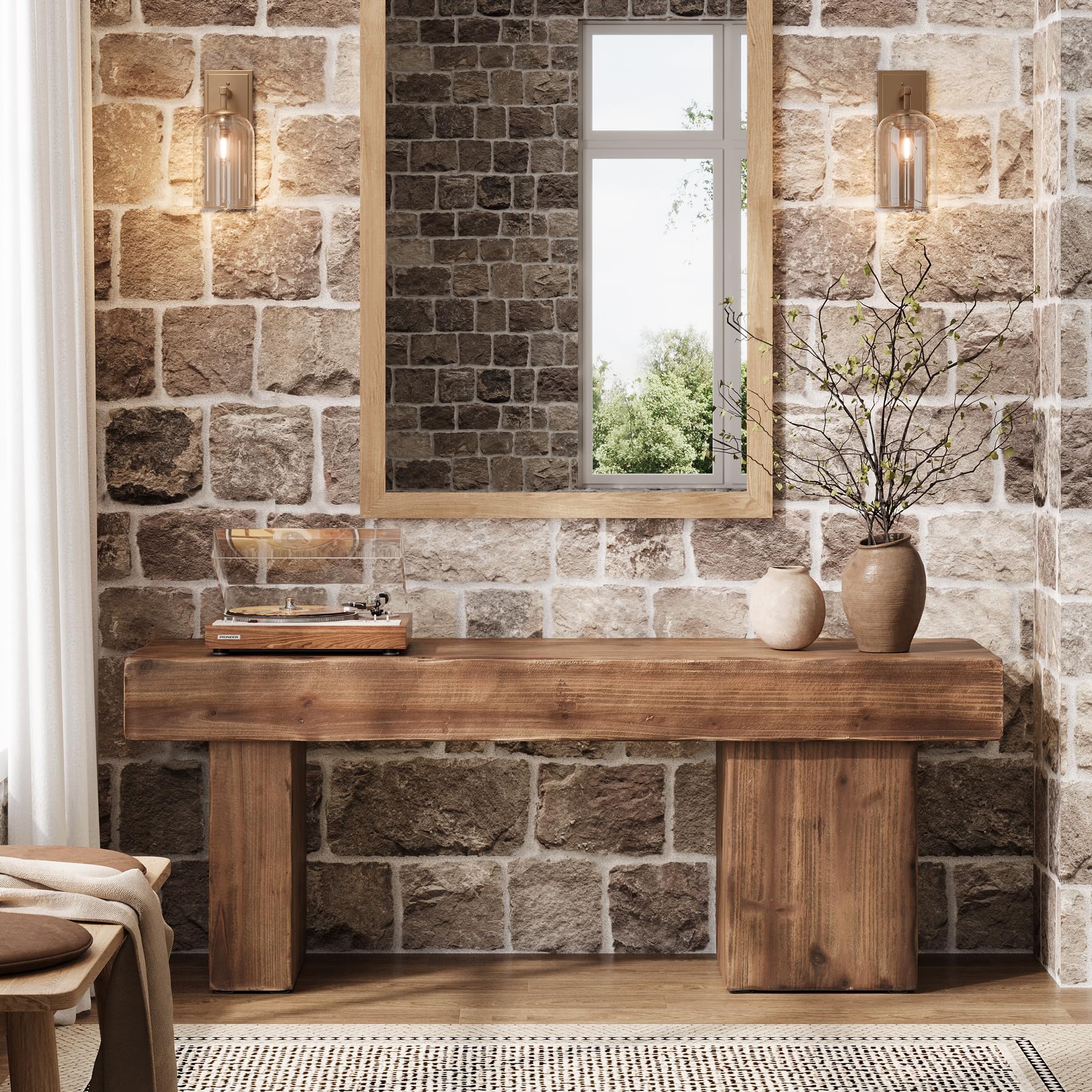 TRIBEWOOD Thickened Solid Wood Bench, 47" Rustic Farmhouse Entryway Bench with Artistic Legs, Heavy Duty Dining Bench for Kitchen, Living Room, Hallway, End of Bed, Natural Wood - Image 4