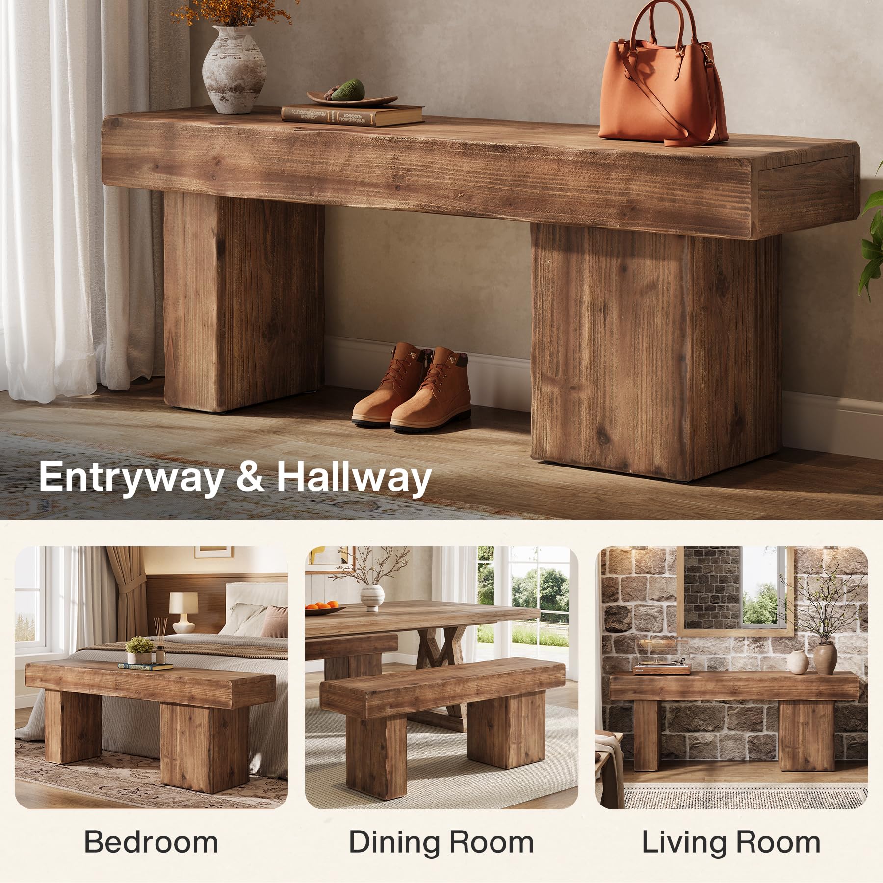 TRIBEWOOD Thickened Solid Wood Bench, 47" Rustic Farmhouse Entryway Bench with Artistic Legs, Heavy Duty Dining Bench for Kitchen, Living Room, Hallway, End of Bed, Natural Wood - Image 5
