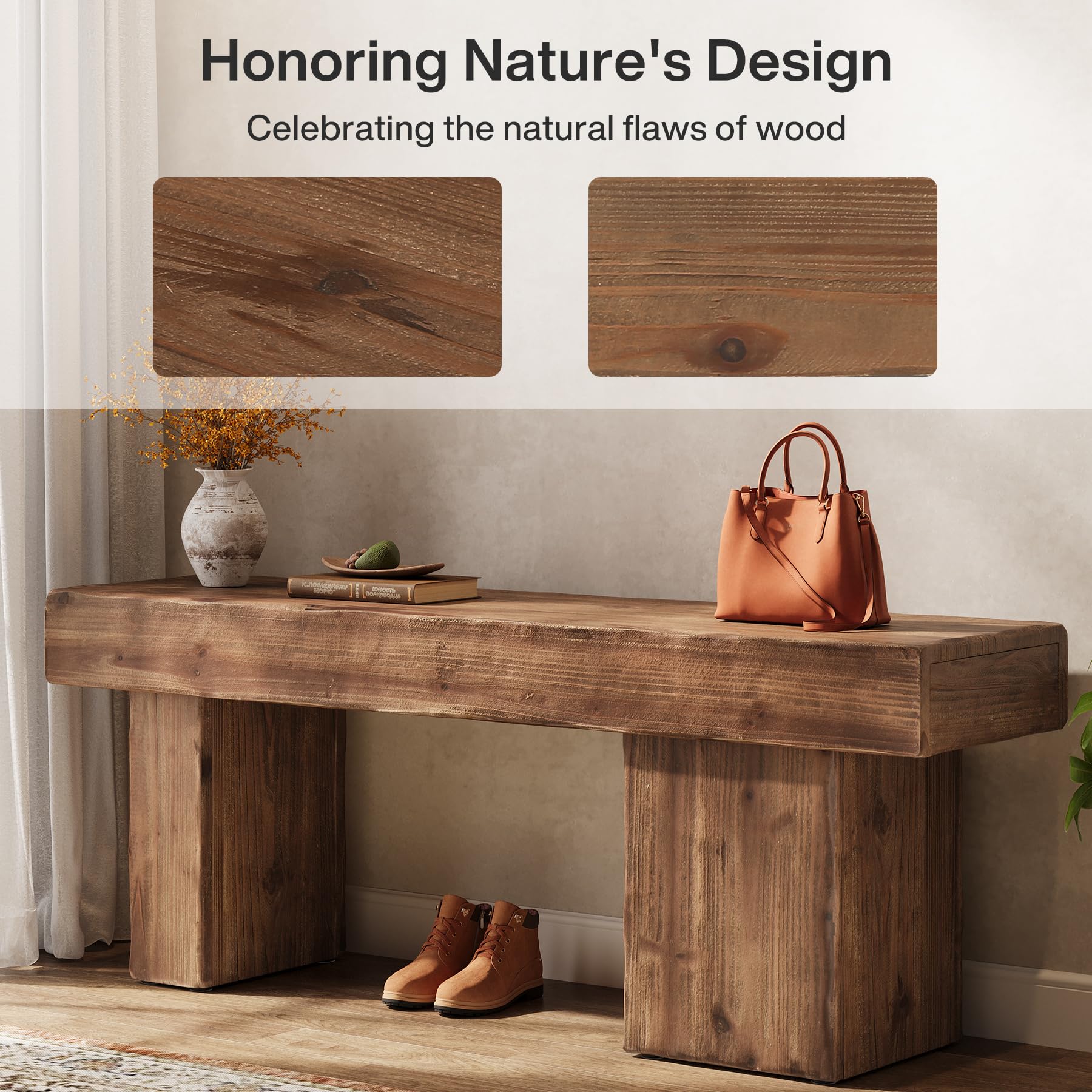 TRIBEWOOD Thickened Solid Wood Bench, 47" Rustic Farmhouse Entryway Bench with Artistic Legs, Heavy Duty Dining Bench for Kitchen, Living Room, Hallway, End of Bed, Natural Wood - Image 7