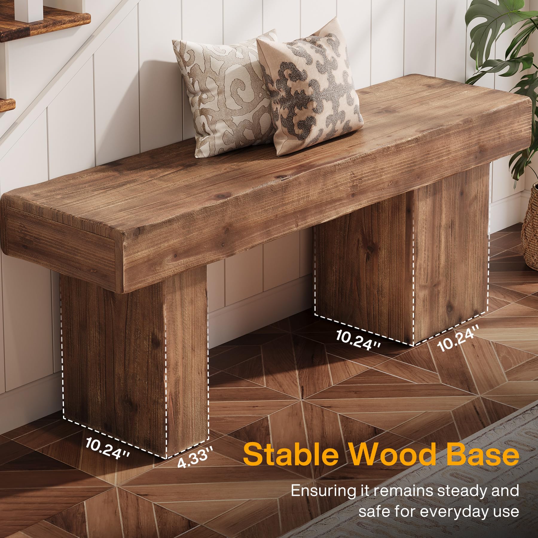 TRIBEWOOD Thickened Solid Wood Bench, 47" Rustic Farmhouse Entryway Bench with Artistic Legs, Heavy Duty Dining Bench for Kitchen, Living Room, Hallway, End of Bed, Natural Wood - Image 8